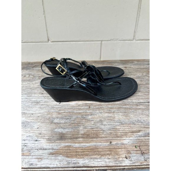 TORY BURCH Reva Logo Flower Blossom Logo Thong Wedge Sandals Breely 8 - Picture 4 of 10